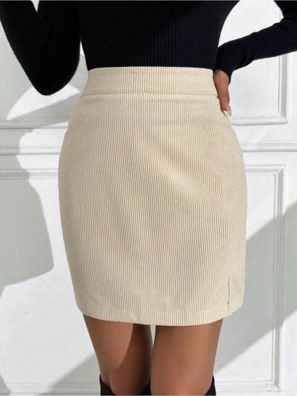 SHEIN Cream Ribbed High-Waist Pencil Skirt. Petite Med